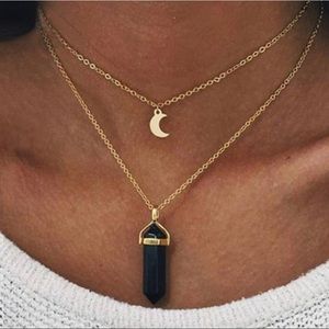 Onyx and Moon Pendant Double Layered Gold Tone Necklace New